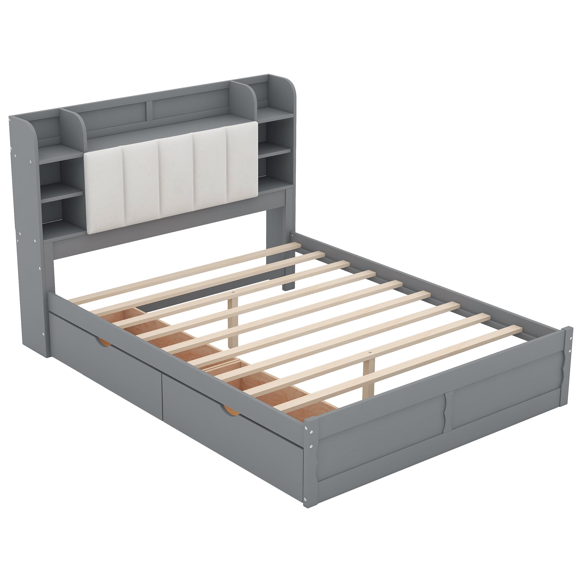 Euroco Wood Queen Size Platform Bed with Storage Headboard and 2 Drawers for Kids and Adults Bedroom, Gray
