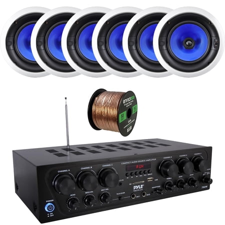 Pyle 6-Channel 750W Bluetooth USB AUX FM Stereo Amplifier Receiver Home Audio System Bundle Combo with 6x 8 300W 2-Way Full Range In-Ceiling Stereo Speakers 16 Gauge 50 Feet Speaker Wire