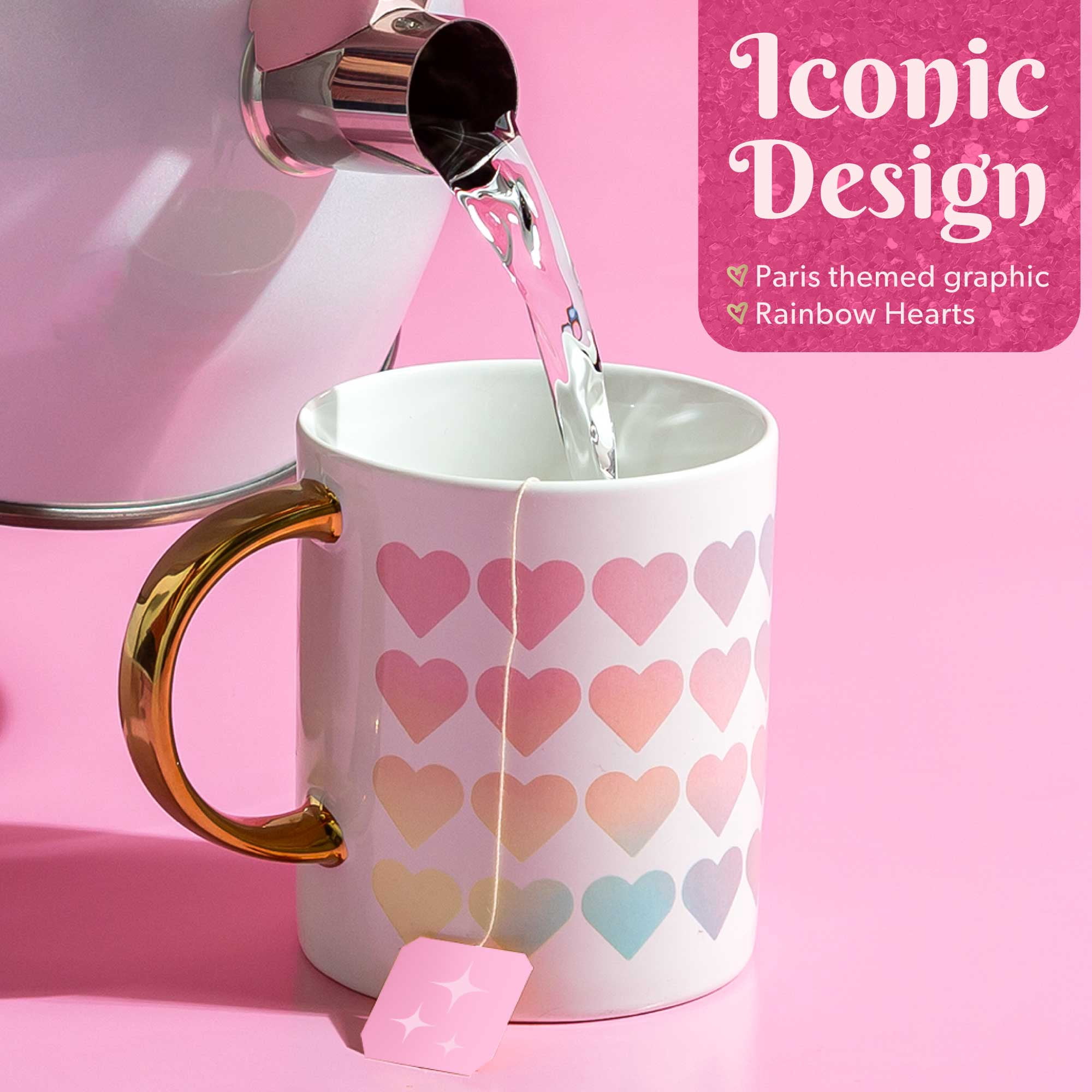 Paris Hilton Ceramic Coffee Mug, Large Coffee Cup with Gold Handle, 16 Ounces, Rainbow Hearts
