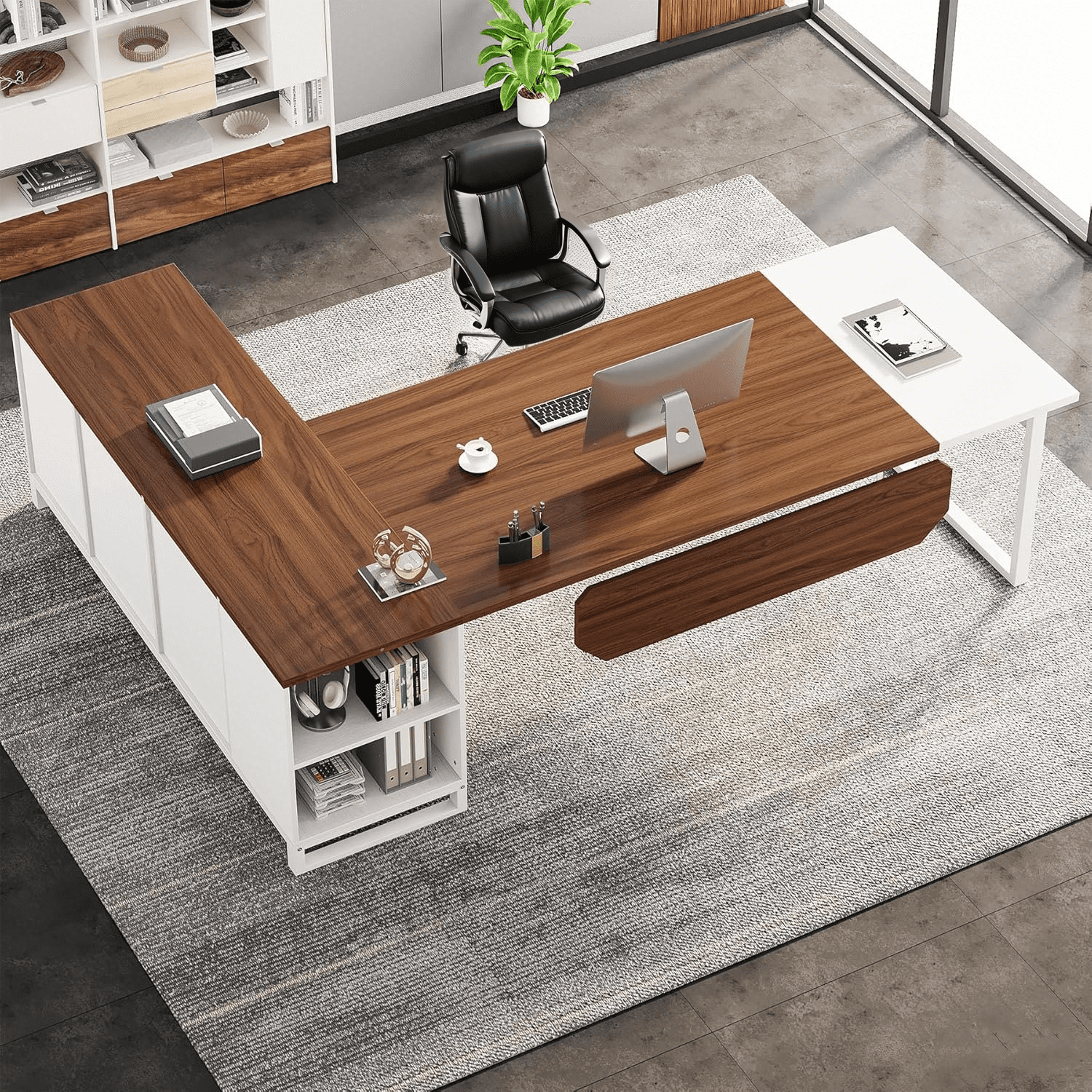 Tribesigns 70.8" Executive Desk with 55" File Cabinet, Industrial L Shaped Computer Desk, Large Executive Desk for Home Office, Walnut & White