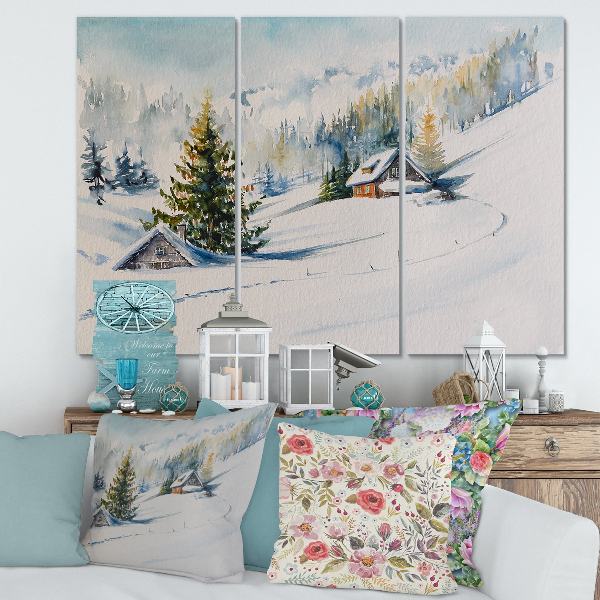 The Winter Mountains With Little House 28 in x 36 in Painting Canvas Art Print, by Designart