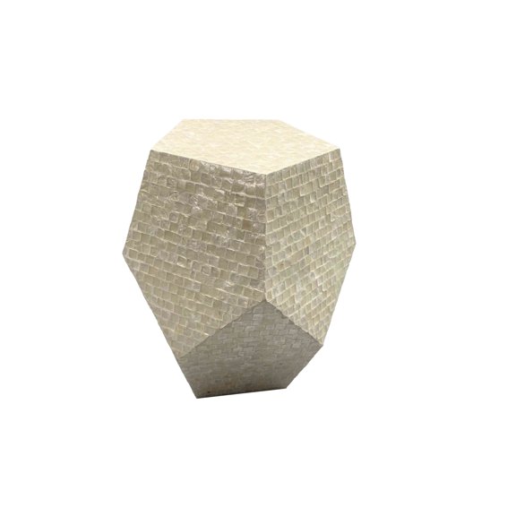 DecMode 16" x 19" Cream Mother of Pearl Shell Handmade Mosaic Inlay Geometric Accent Table, 1-Piece
