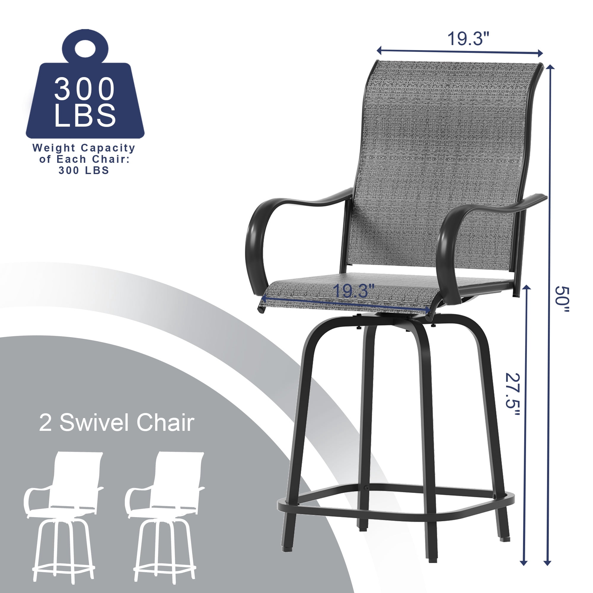ELPOSUN Swivel High Back Outdoor Bar Stools - Set of 2, Dark Gray