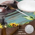 thumbnail image 3 of Sunflower Cow Round Tablecloth, Fitted Table Cover with Elastic for 45"-54" Round Tables, Rustic Teal Brown Farmhouse Wood Grain Table Cloth Outdoor Indoor Dinning Party Waterproof Tablecloths, 3 of 7
