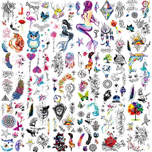 TASROI 18 Sheets Colorful Small Temporary Tattoos For Kids Boys Girls Arm  Face Fake Tattoo Stickers, Flowers Mermaid Tattoo Temporary Animals Fox  Lion Tree Dreamcatcher Tatoo for Men Women Neck Hands -