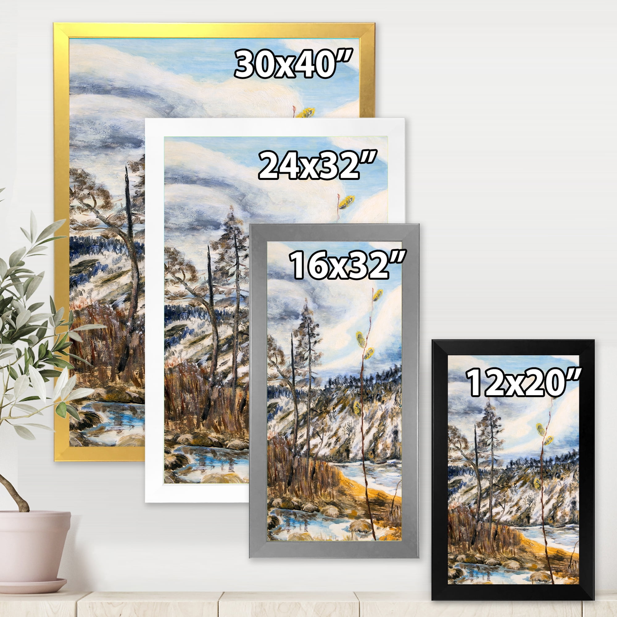 The Cloudy Sky and The River With Spring Landscape 16 in x 32 in Framed Painting Canvas Art Print, by Designart