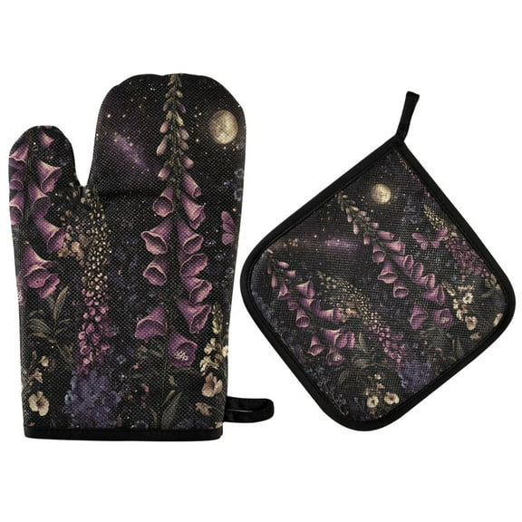 Yayeee Oven Mitts and Pot Holder Set of 2 Heat Resistant Kitchen Gloves Baking Hot Pad, Dark Gothic Floral