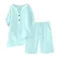 thumbnail image 5 of Womens Summer Outfits Cotton Linen Short Sleeve Button Down Shirt with Bermuda Shorts 2 Piece Lounge Set with Pockets Green XL, 5 of 6