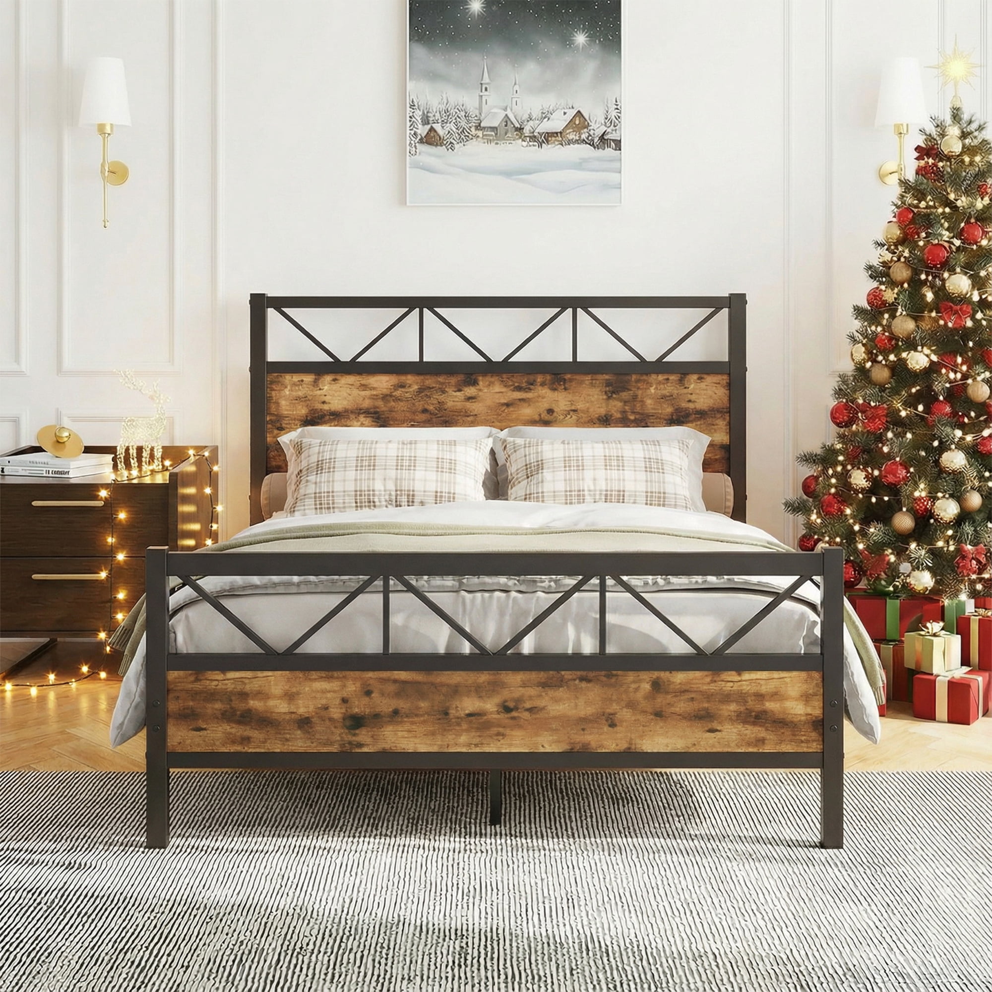 4 EVER WINNER Queen Size Metal Platform Bed Frame, 51.2" Tall Headboard, Industrial Style Headboard and Footboard, Under Bed Storage, Heavy Duty Metal Slats & Noise Free, Rustic Brown