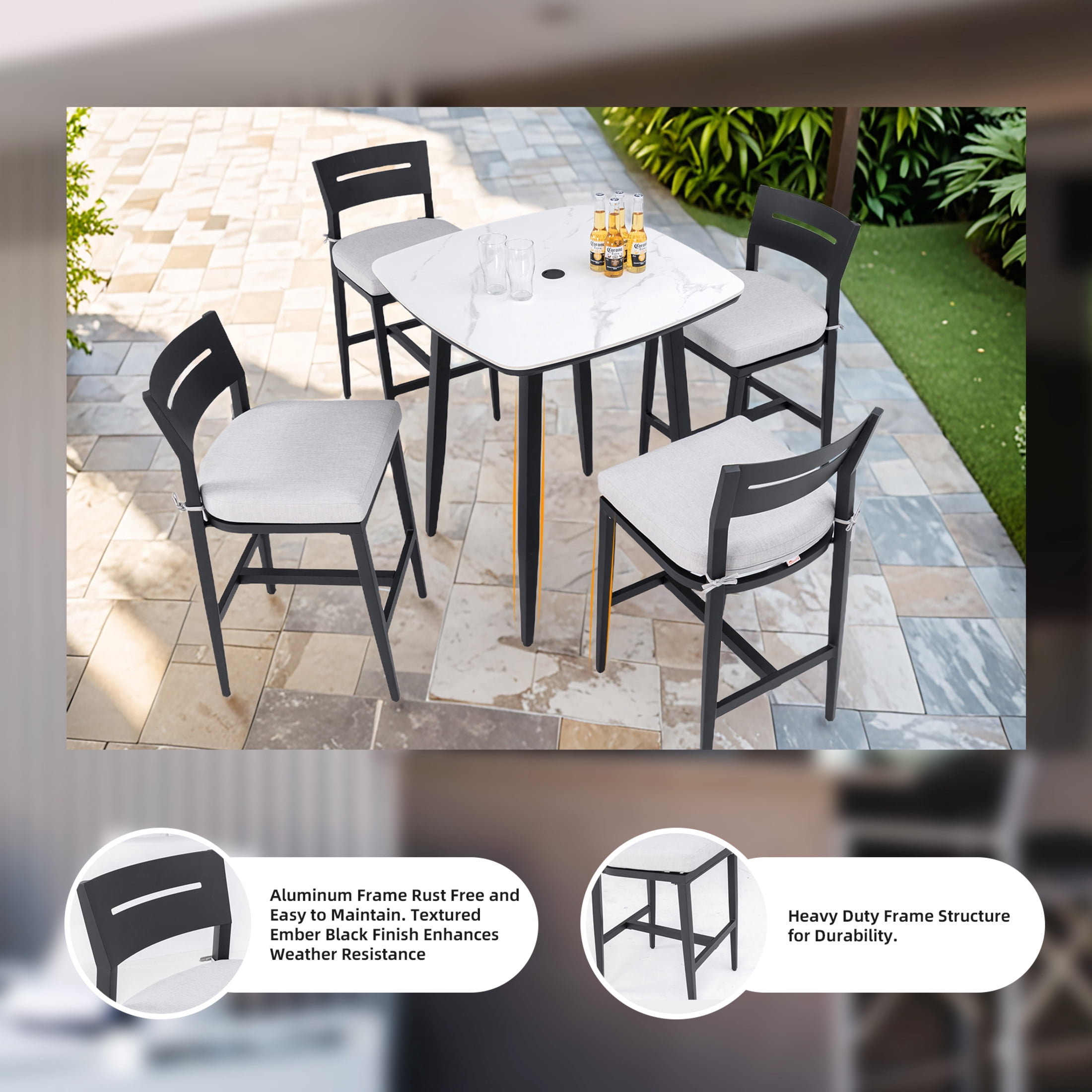 Noble House 5-Piece Outdoor Bar Set, Sintered Stone Table, Aluminum Bar Stools & Sunbrella Fabric Cushions, Ember Black