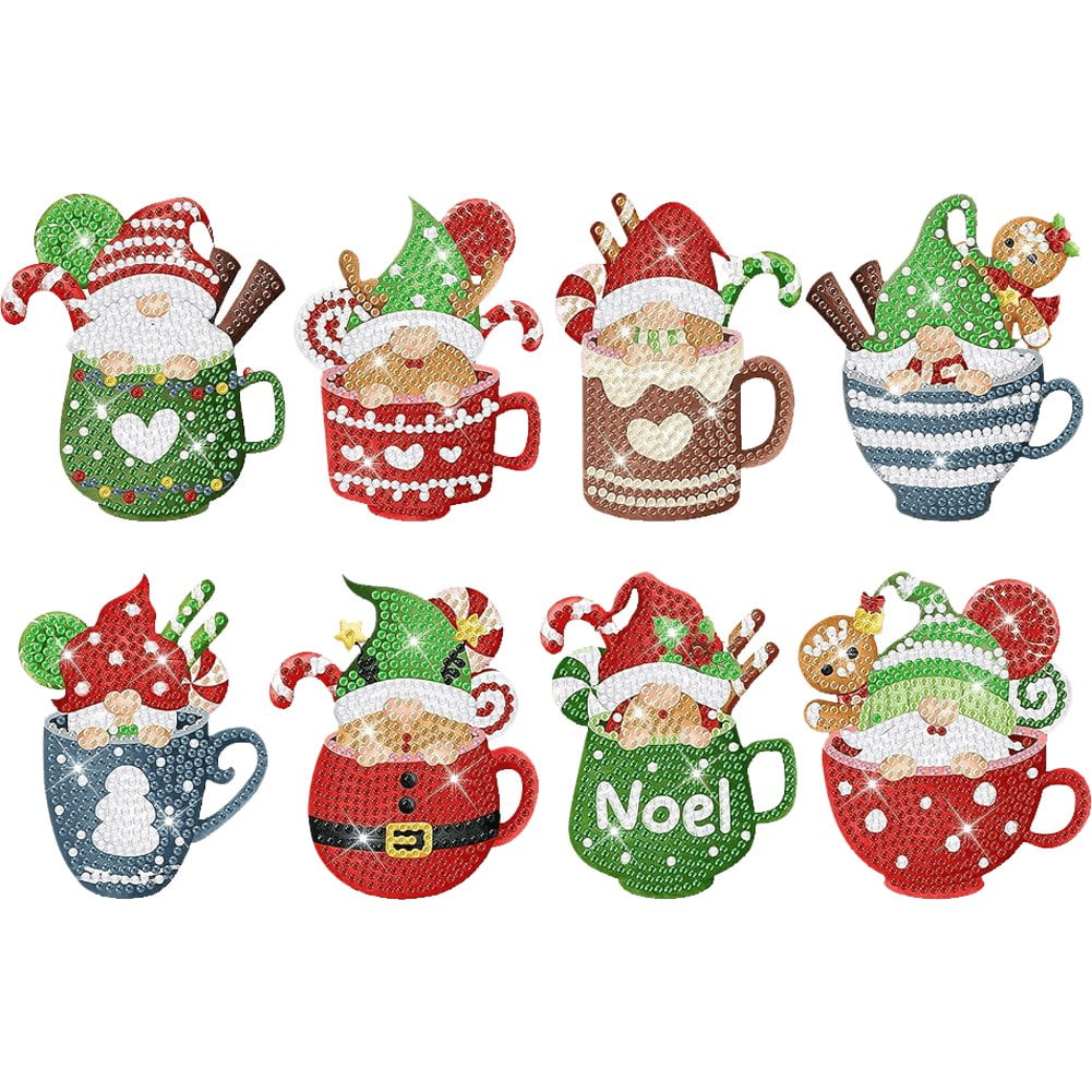 8Pcs Diamond Painting Coasters Christmas Santa Claus Diamond Acrylic Coasters with Holder Diamond Art Cup Coasters for Christmas Party