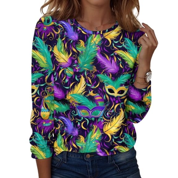 Resicozy Mardi Gras Long Sleeve Shirt for Women Funny Printed Shirts Fashion Spring Pullover Tops Fluorescent Green L