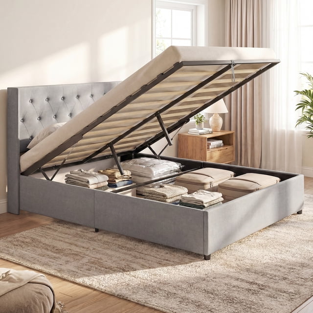 Gymax Queen Size Lift-up Storage Bed w/Tufted Wingback Headboard Hydraulic Lifts Grey