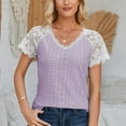 thumbnail image 5 of ylioge Womens Tops Lace Splice Eyelet Crochet Short Sleeve Shirts Ladies Trendy Hollow Out V Neck Breathable Color Block Tees Top, 5 of 8