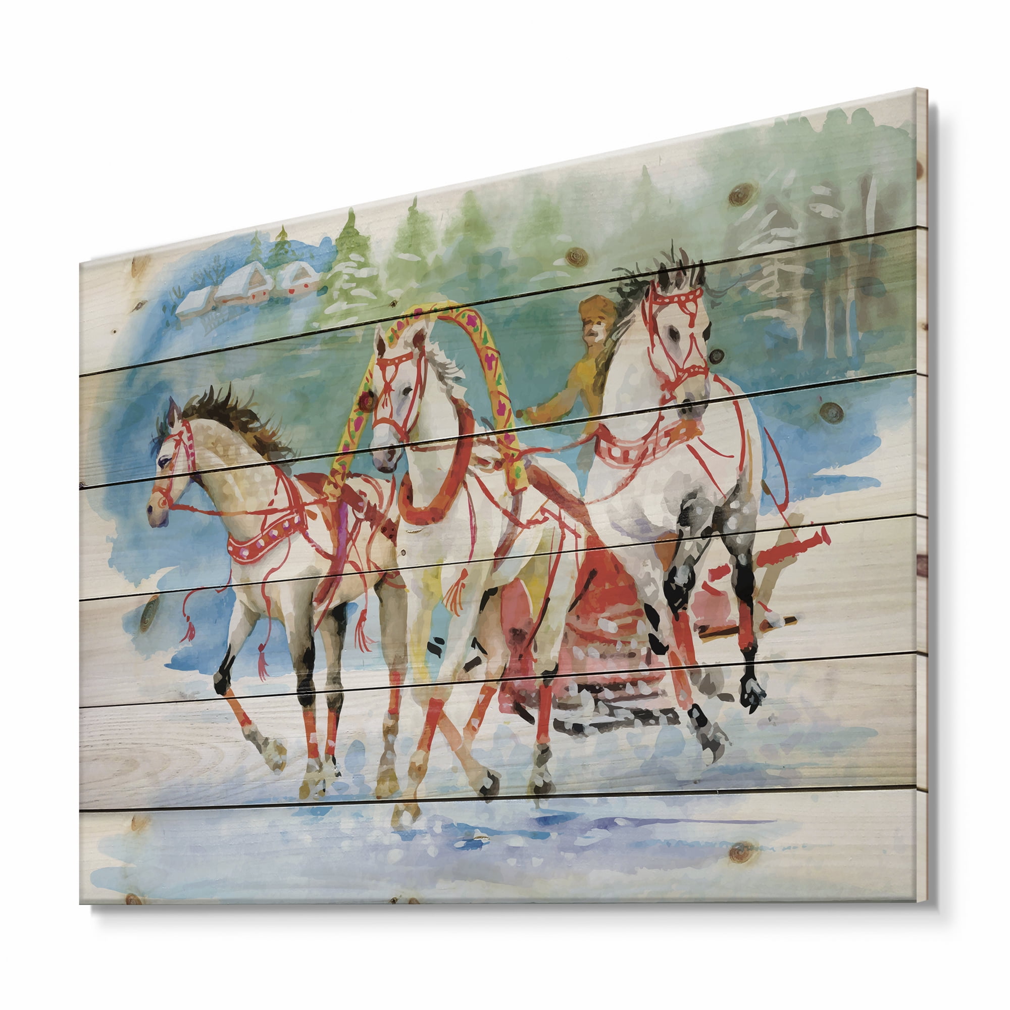 Designart 'Carriage In The Snow With Galoping Horses' Farmhouse Print on Natural Pine Wood