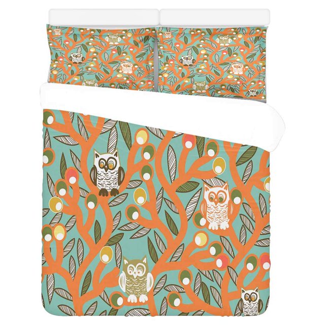 ABPHQTO Juego de ropa de cama de 3 piezas Funda nórdica de hojas de búho con 2 fundas de almohada para la decoración de la habitación del hogar