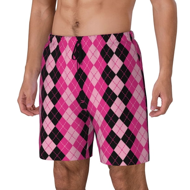 Balery pink and black argyle Bañador para hombre, shorts de playa de secado rápido con entrepierna y forro de compresión-Small