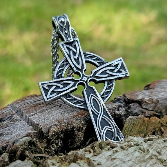 Celtic Cross Necklace Large Irish Pendant Stainless Steel Amulet Knot