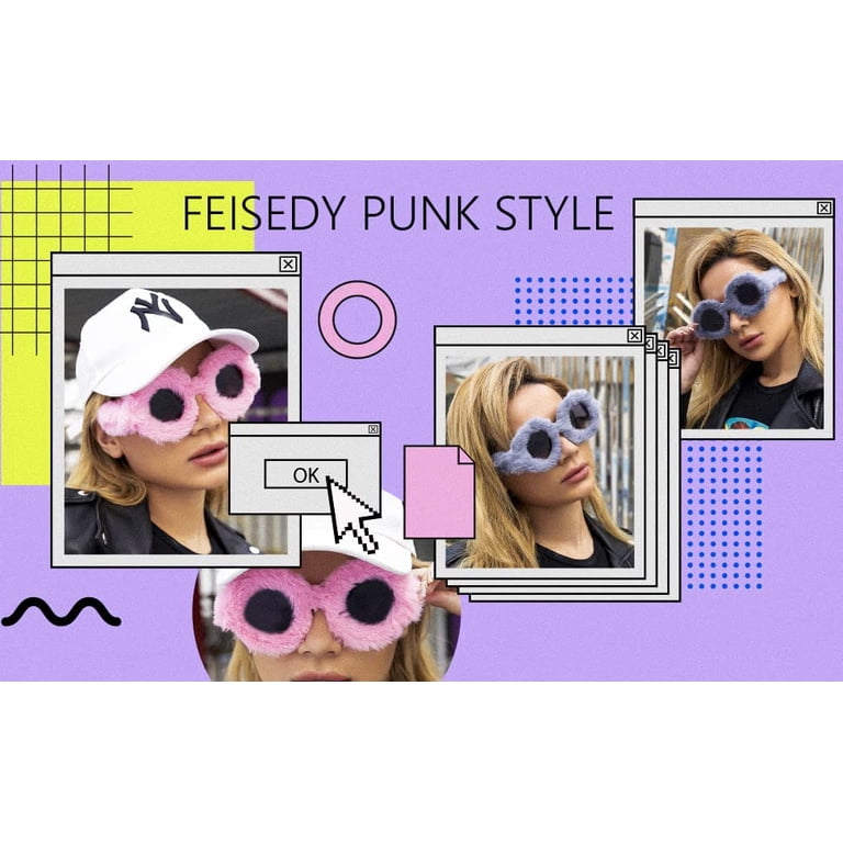 FEISEDY Women Plush Fuzzy Round Sunglasses Punk Soft Velvet  display picture 3