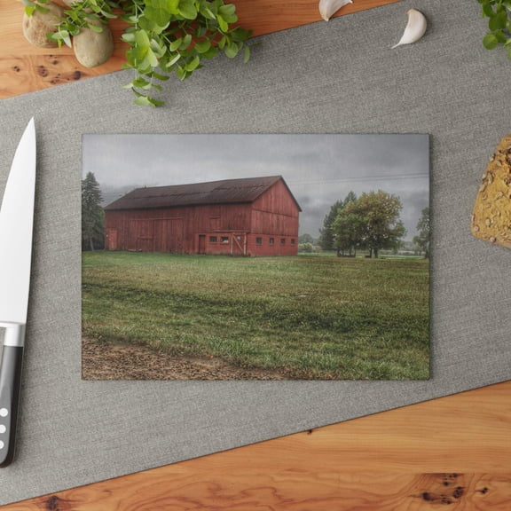 U R There Photography Birch Road Red Rustic Farmhouse Tempered-Glass Cutting Board 8"x 11"