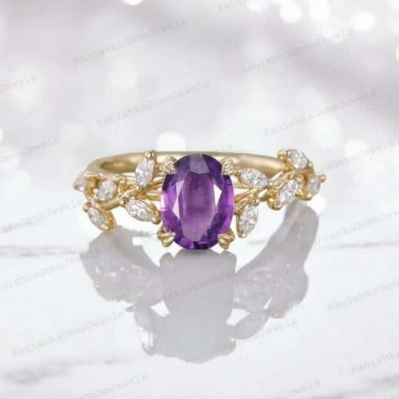 KANISHKAGEMS&JEWELS 2Ct 8x6mm /Oval Amethyst Engagement Ring CZ Diamond Leaf Twig Ring Nature Inspired Women Jewelry Birthday Gift For Wife