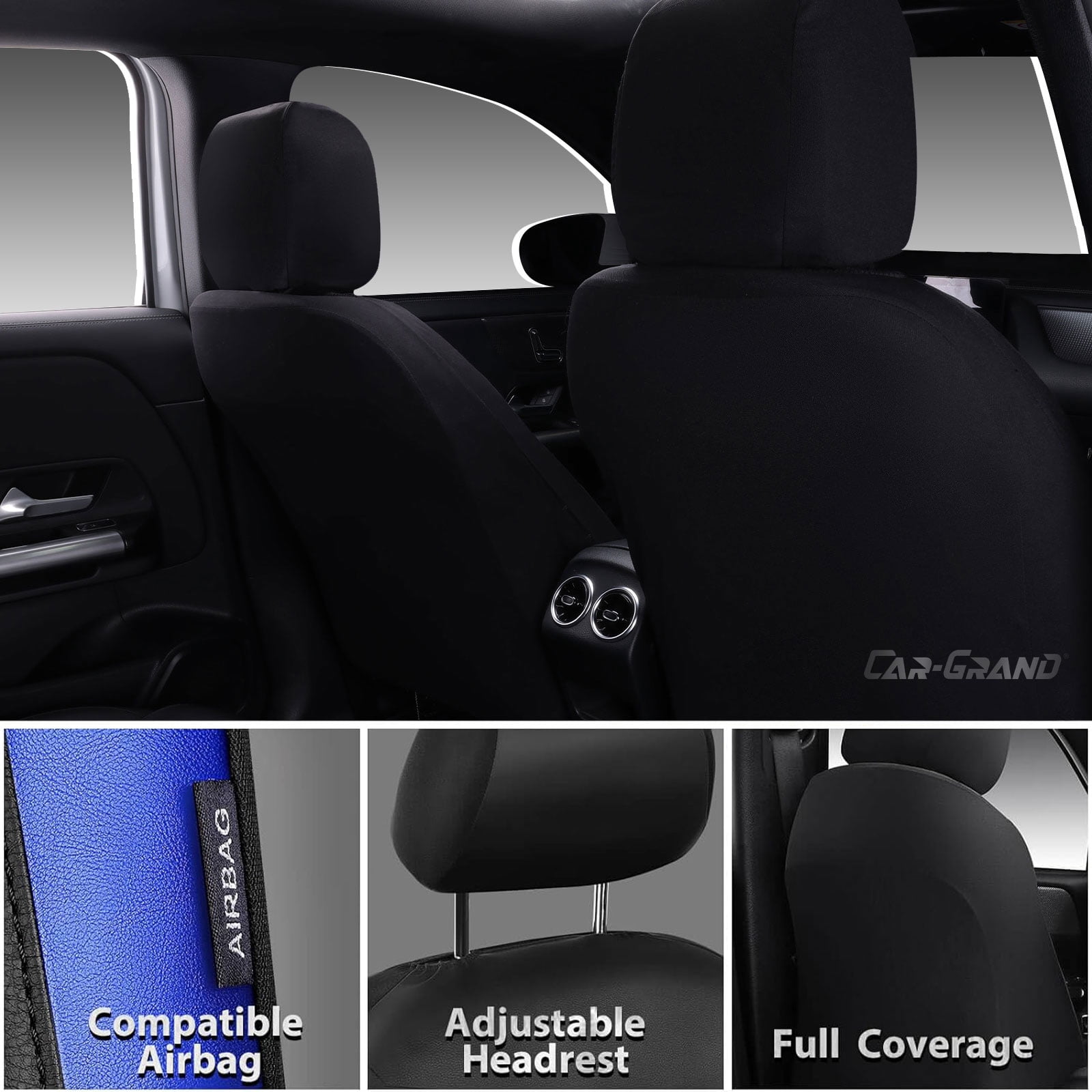 CAR GRAND Memory Foam Car Seat Covers, Leather Mesh Universal Fit Automotive Seat Protectors  Front Pair for Trucks SUV Sedan Metal Film Leather Armrest Airbag Compatible Comfortable  Black Blue