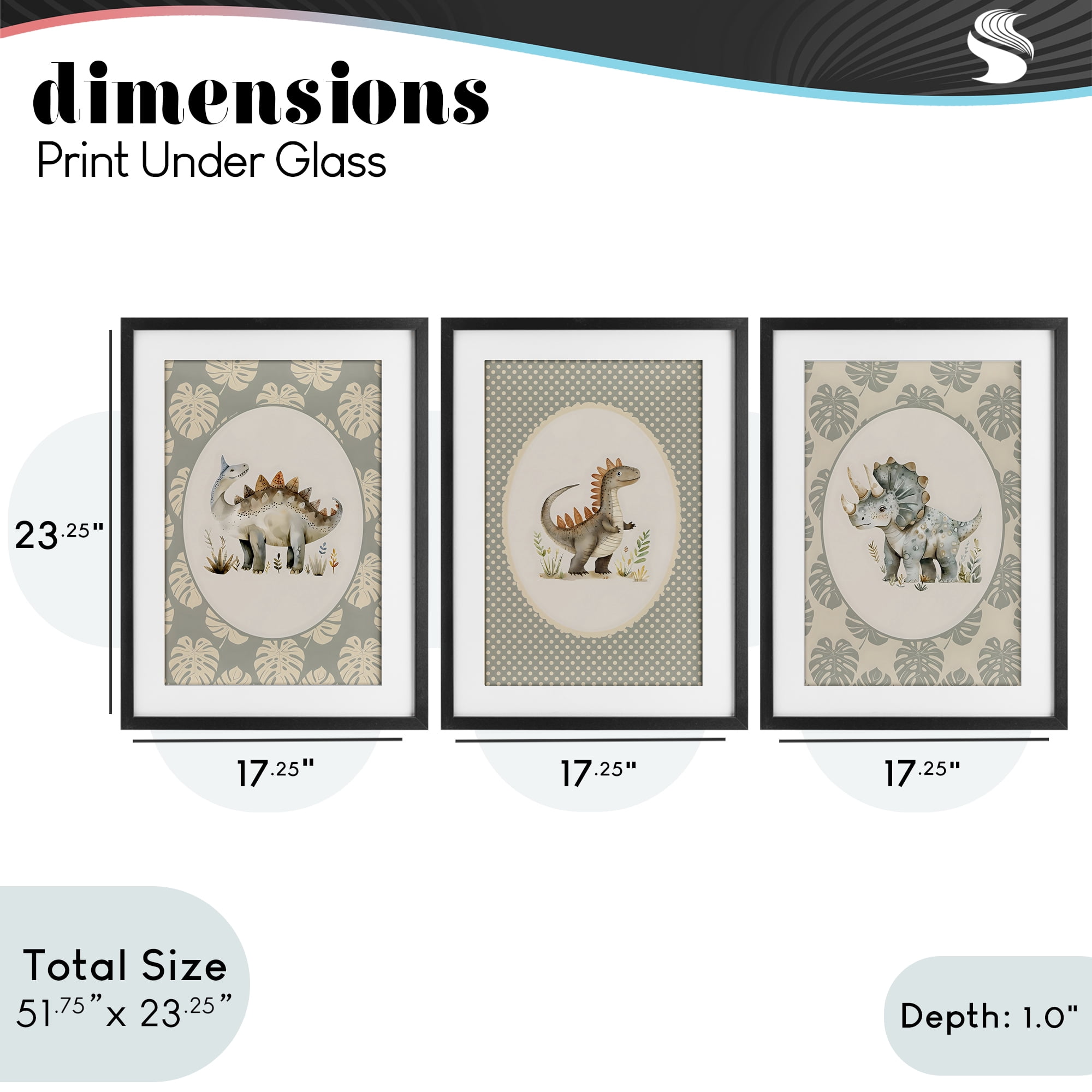 Stupell Industries Nursery Dinosaurs Tropical Border 3 Piece Black Framed Print Under Glass Set, design by LSR Design Studio