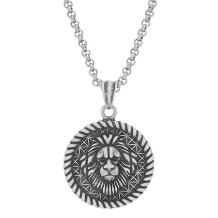 Lion Head Rope Border Pendant with Antiqued Finish on Adjustable Rolo Chain with Lobster Clasp