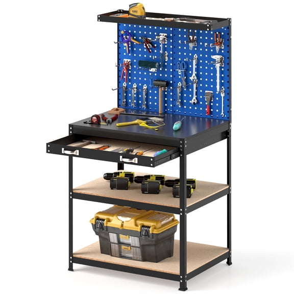 Gymax 32'' x 16'' Workbench w/ Pegboard 20PCS Tool Hooks Drawer & Open Shelves Navy