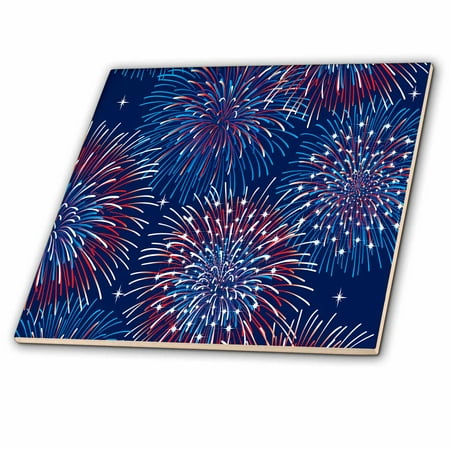Ceramic Menu Tile - 3dRose Bursting Red, White, and Blue Fireworks Design - Ceramic Tile, 4-inch