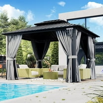 YARDCACHE 10' x 12' Hardtop Gazebo, Aluminum Frame Permanent Pavilion Double Galvanized Metal Roof with Curtains and Hooks for Garden, Patio, Backyard, Gray