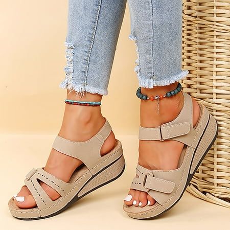 

〖Yilirongyumm〗 Khaki 42 Sandals Women Hook And Loop Fastener Strap Wedge Sandals For Women Ladies Girls Comfortable Wedges Sandals Causal Shoes