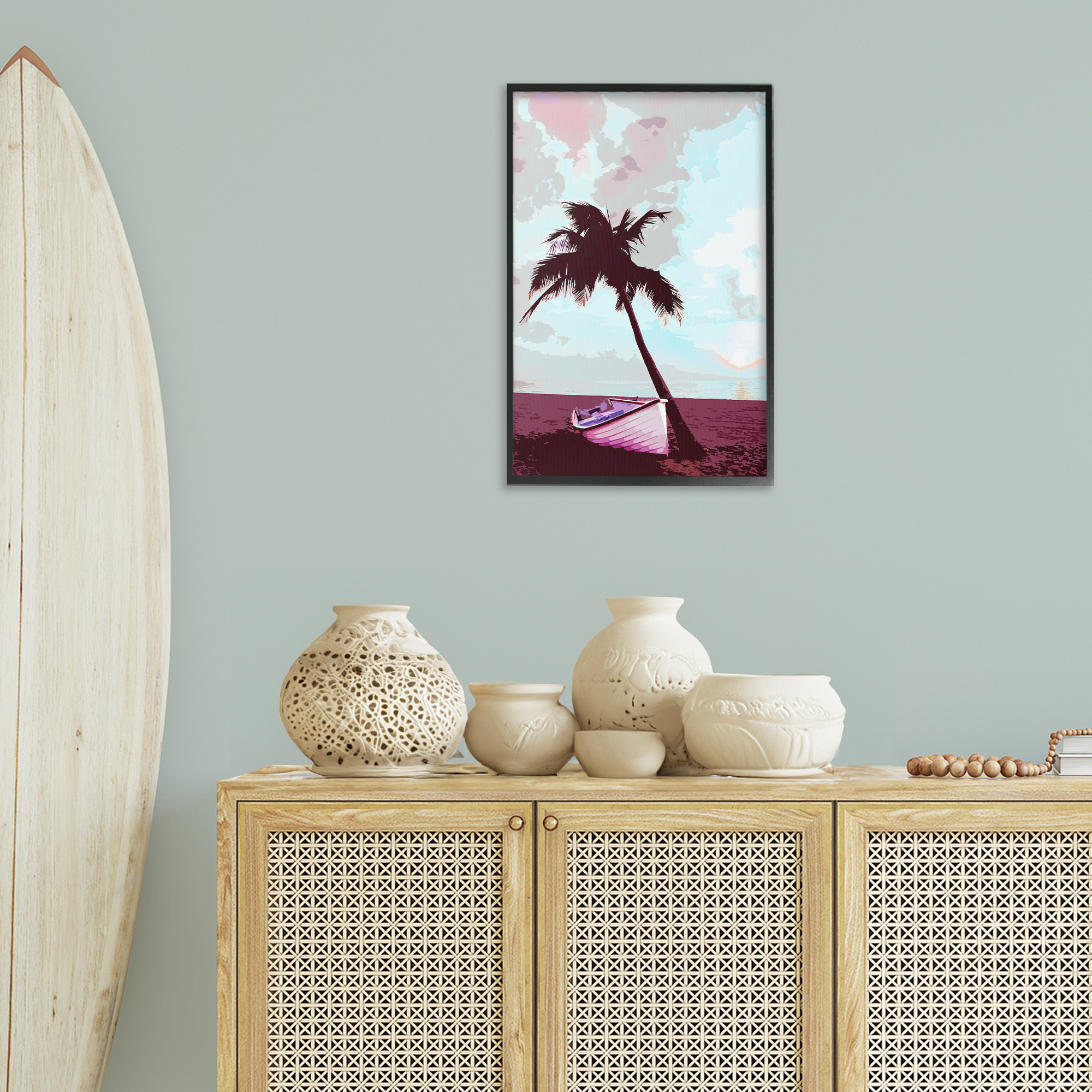 Stupell Industries Boat & Palm Tree Landscape Painting Black Framed Art Print Wall Art, 16 x 24