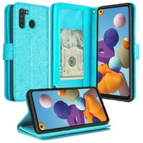 Samsung Galaxy A21 Case Leather Wallet Phone Case Kickstand Cute Girls Women Cover - Glitter Teal