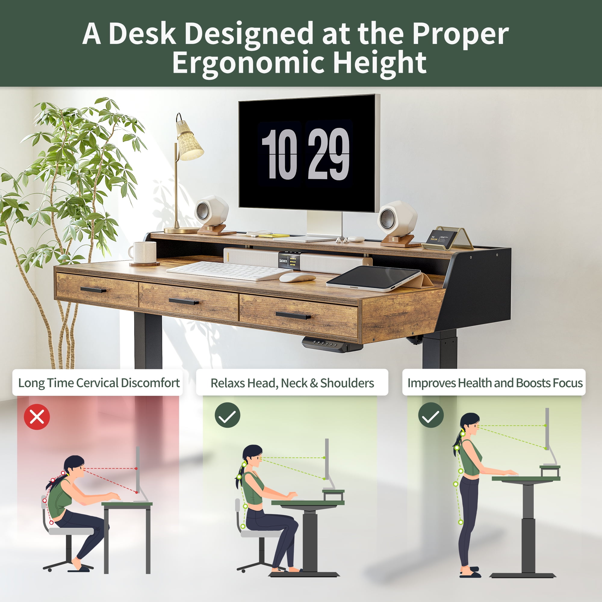 FEZIBO Electric Standing Desk with 3 Drawers & Monitor Shelves, 55 x 26 inches Sit Stand Home Office Desk, Rustic Brown