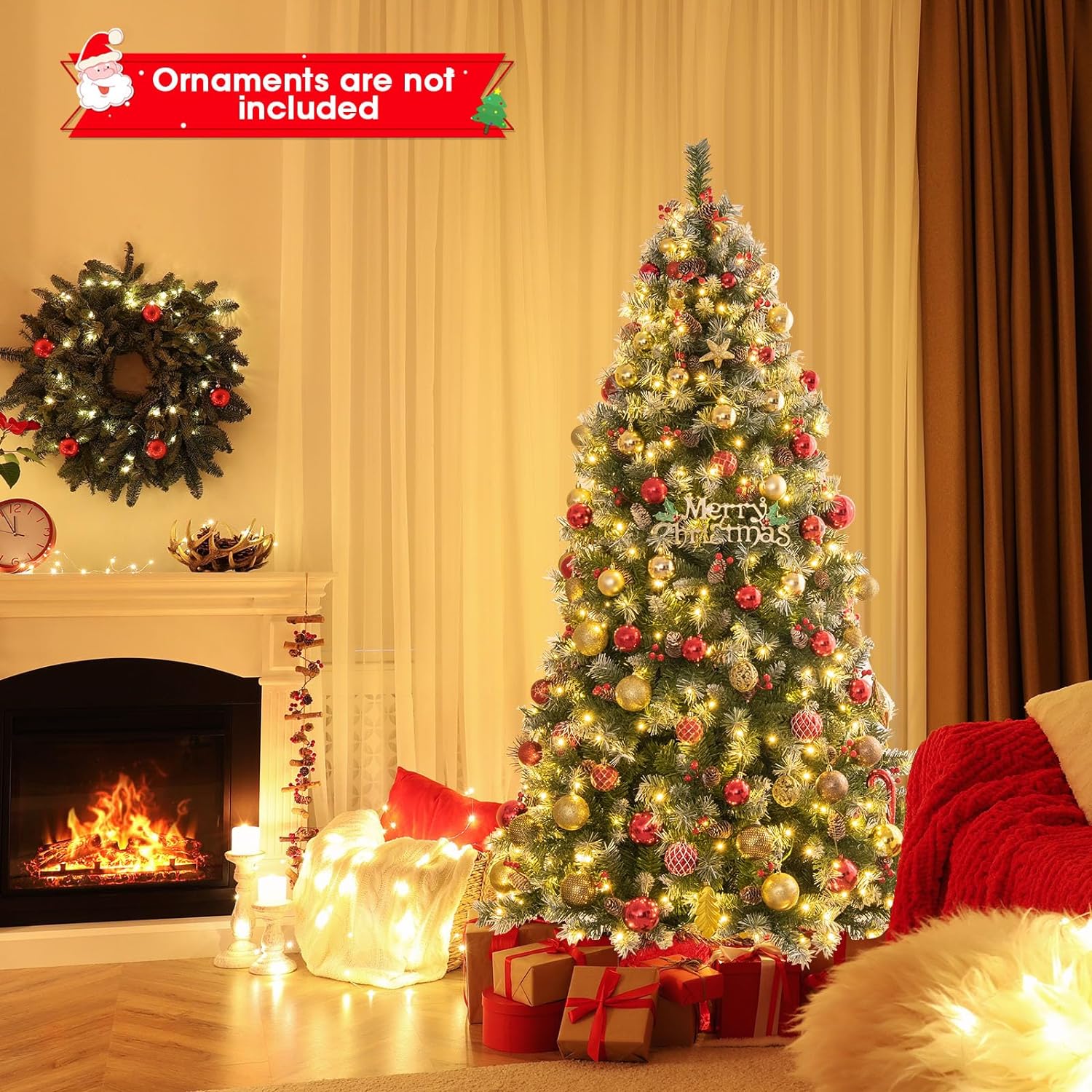 Gymax 6.5’ Xmas Artificial Tree Decor Hinged 207 Red Berries and 420 Warm LED Lights