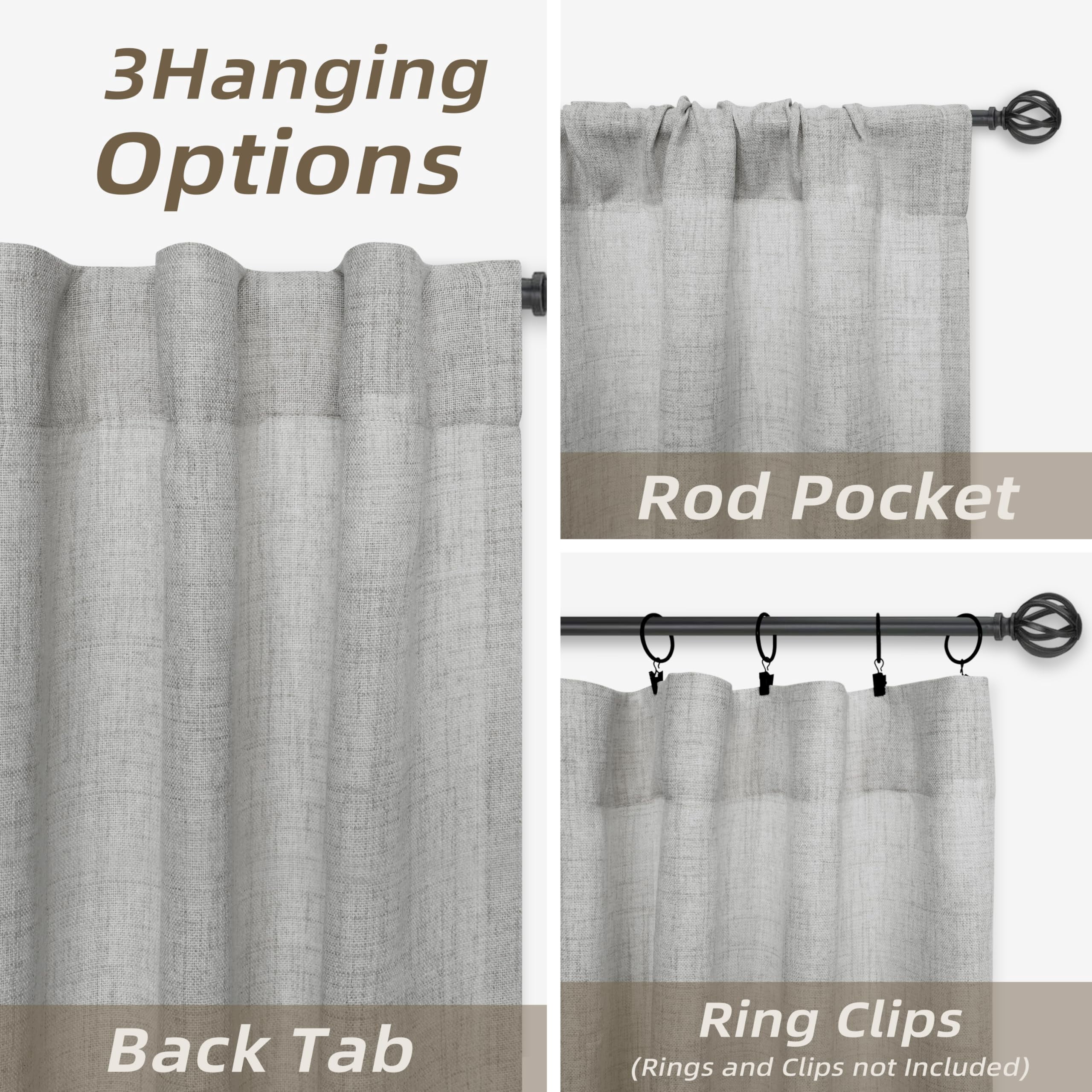 DriftAway Gray Linen Curtains 108 Inches Long for Living Room Thick Semi Sheer 2 Panels Farmhouse 3 Inch Rod Pocket Back Tab Boho Rustic Light Filtering Window Drapes for Bedroom Privacy Assured