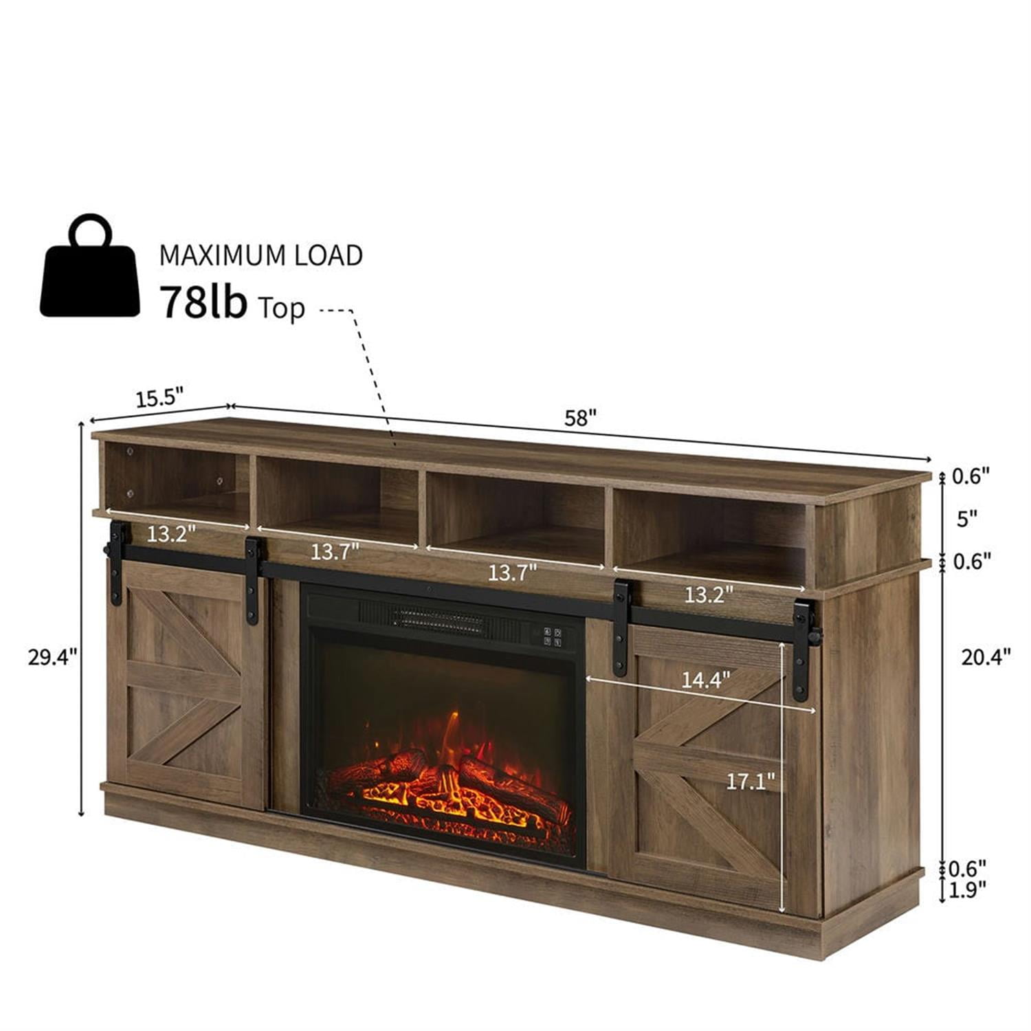 Demi Bonn Modern Farmhouse TV Media Stand for TV Up to 65'', Large Barn Inspired Home Entertainment Console with 23" Fireplace Insert, Open Shelves and Closed Cabinets, Brown