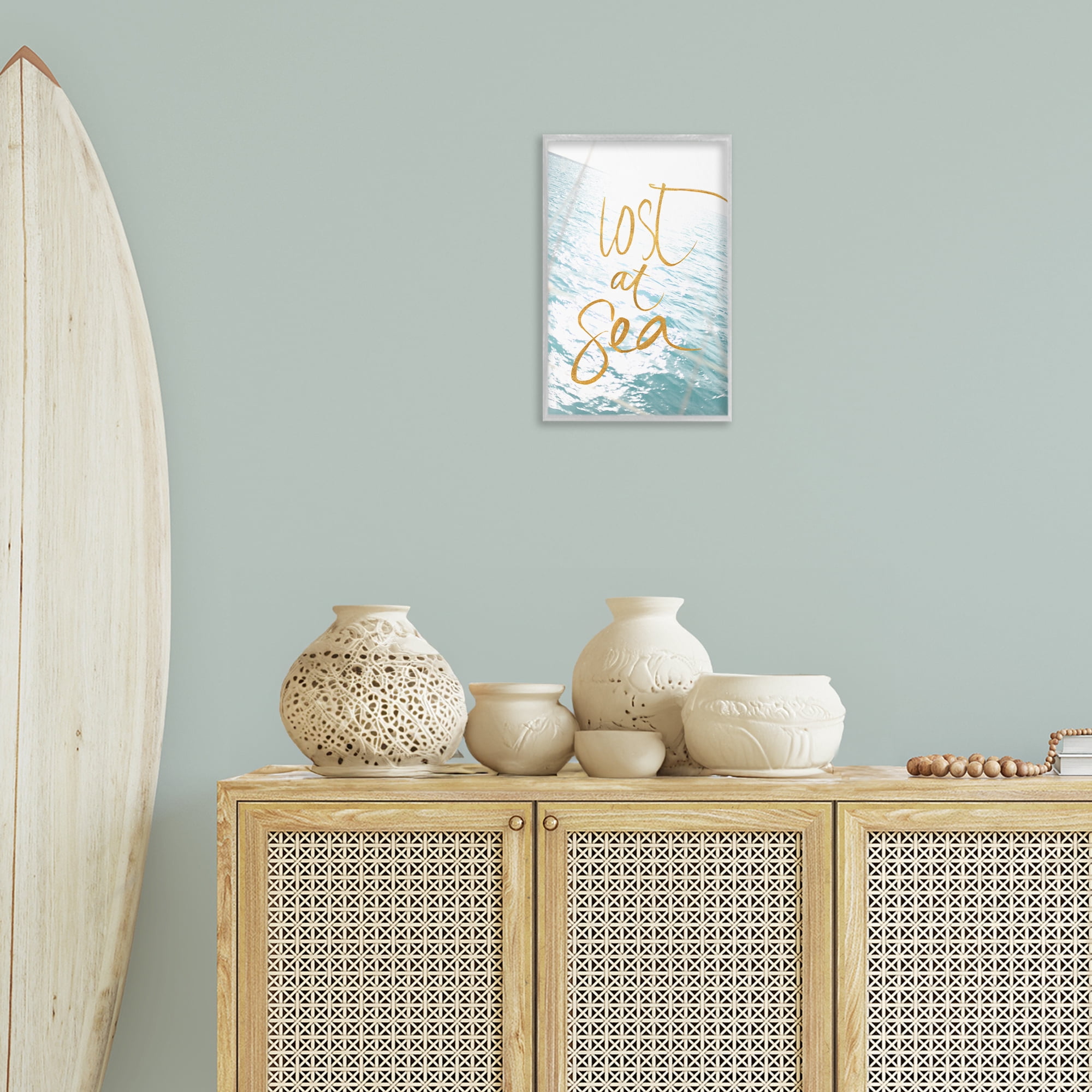 Stupell Industries Lost At Sea Phrase Coastal Painting Gray Framed Art Print Wall Art, 12 x 18