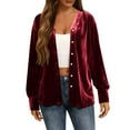 thumbnail image 2 of Lenpel Velvet Tops for Women Loose Vintage Long Sleeve V Neck Pleated Button down Shirts Dressy Casual Velour Blouses(Red,X-Large), 2 of 7
