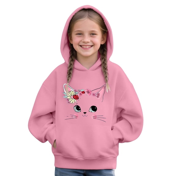 Mercatoo Kids Cute Cat Print Hoodies Trendy P??eppy ??2k Solid Hooded Sweatshirts Long Sleeve Casual Clothes with Pokets