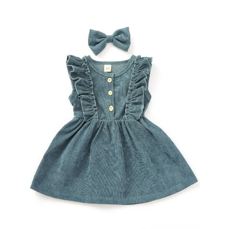 

Musuos Baby Girls Dress Sleeveless Corduroy Ruffle Button Princess Party Dresses