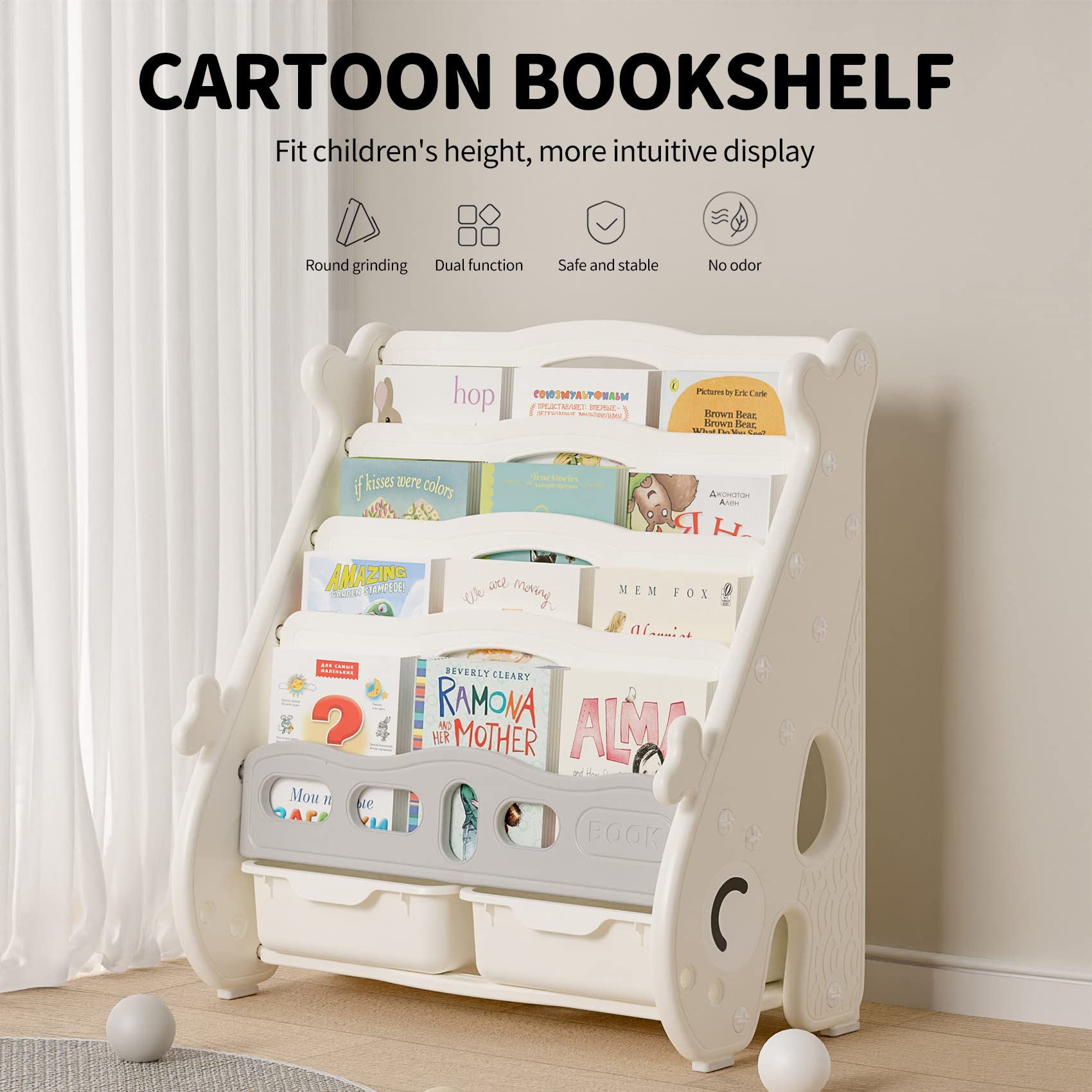UNICOO® Kids 5 Tier Bookshelf with 2 Toy Bins, Children Bookshelf & Toy Organizer Baby Whale Bookshelf (White)