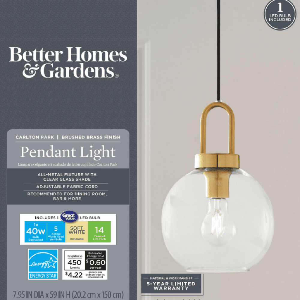 Better Homes & Gardens 59” Golden Pendant Ceiling Light, Metal Base Glass Shade, Cord Adjustable CA