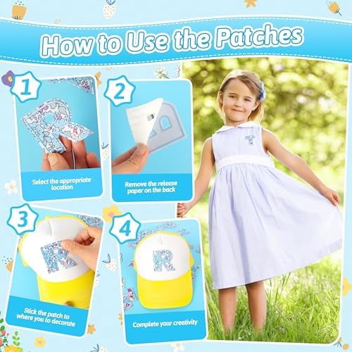 Letter Patches Self-Adhesive for Clothing: 26Pcs Blue Flower Letters Patch Stickers A-Z Alphabet Applique - Cute Fabric Letters Patches Stick on Jackets Hats Bags DIY Crafts