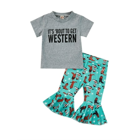 

Bagilaanoe 2pcs Toddler Baby Girls Outfit Sets Letter Print Short Sleeve T-Shirts Tops + Boots Print Flare Long Pants