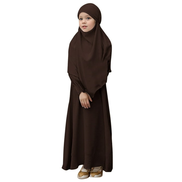 Wdgfv Robe de Prière Fille Musulmane Ramadan Vêtement Abaya Dubaï Islam Jilbeb Longue Robe Brun 11-12 Ans