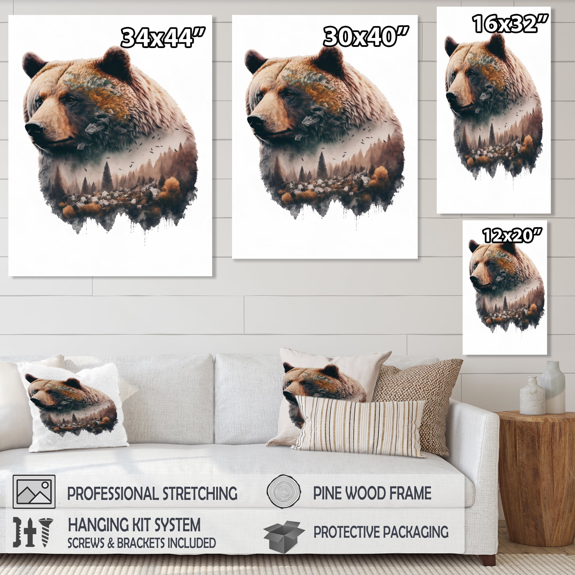 Designart Double Exposure Of A Bear With Forest III Canvas Wall Art