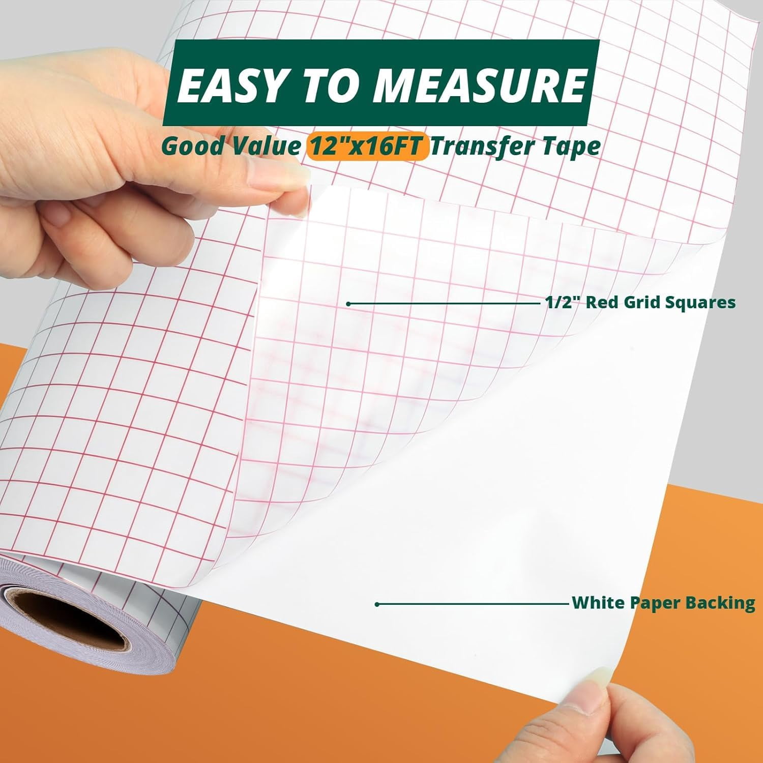Transfer Tape for Vinyl -12" x 16 FT w/Red Alignment Grid Paper, Medium Tack Signs Stickers Decals Walls Doors & Windows