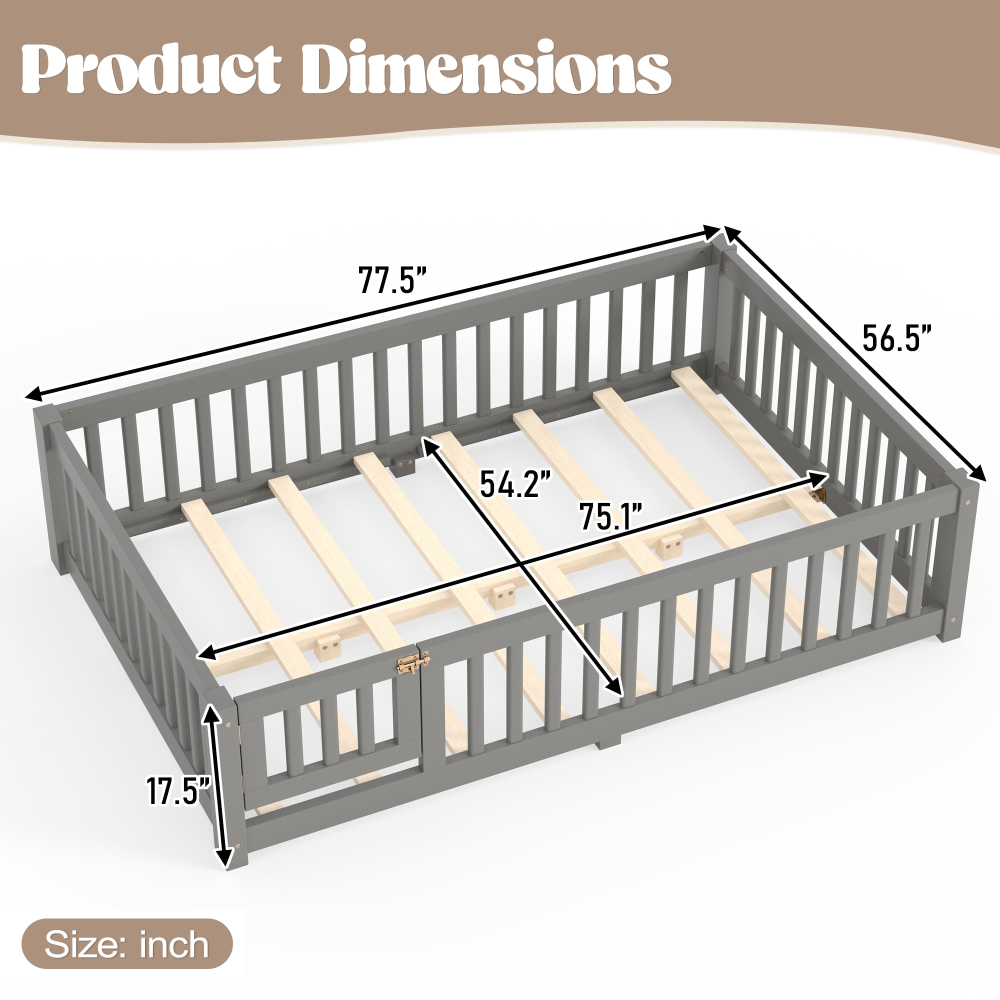 Full Size Kids Floor Bed with Safety Guardrails & Removable Door, Solid Pine Wood Montessori Bed, Gray